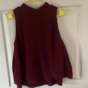 Maroon, Split-back, Mock-turtleneck, Sleeveless Blouse